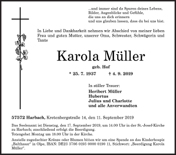 Traueranzeige von Karola Müller von Siegener Zeitung
