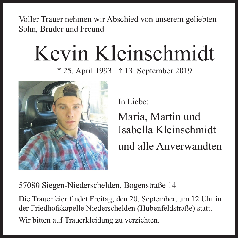  Traueranzeige für Kevin Kleinschmidt vom 18.09.2019 aus Siegener Zeitung