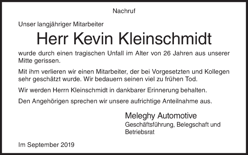  Traueranzeige für Kevin Kleinschmidt vom 21.09.2019 aus Siegener Zeitung