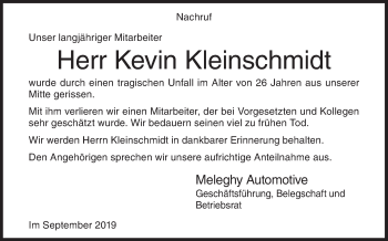Traueranzeige von Kevin Kleinschmidt von Siegener Zeitung