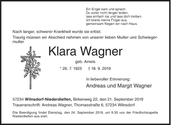 Traueranzeige von Klara Wagner von Siegener Zeitung