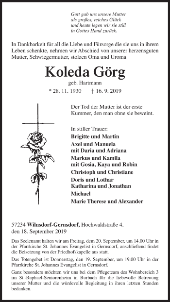 Traueranzeige von Koleda Görg von Siegener Zeitung