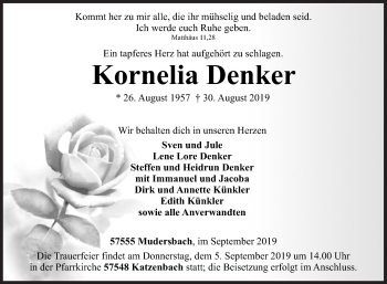 Traueranzeige von Kornelia Denker von Siegener Zeitung