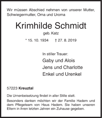 Traueranzeige von Krimhilde Schmidt von Siegener Zeitung