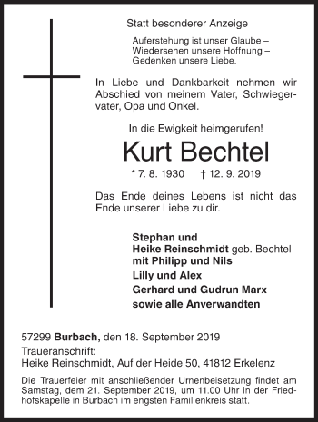 Traueranzeige von Kurt Bechtel von Siegener Zeitung