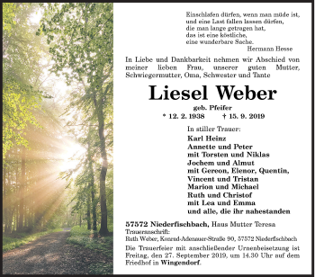 Traueranzeige von Liesel Weber von Siegener Zeitung