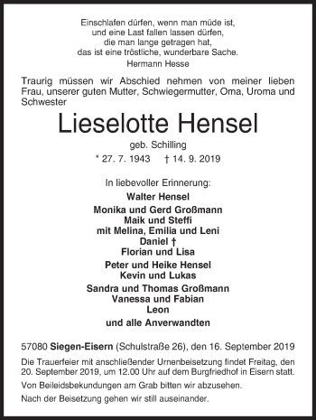 Traueranzeige von Lieselotte Hensel von Siegener Zeitung