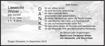 Traueranzeige von Lieselotte Weber von Siegener Zeitung