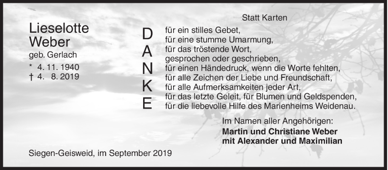  Traueranzeige für Lieselotte Weber vom 07.09.2019 aus Siegener Zeitung