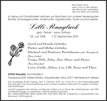 Traueranzeige von Lilli Ranglack von Siegener Zeitung