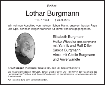 Traueranzeige von Lothar Burgmann von Siegener Zeitung