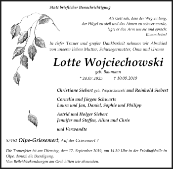 Traueranzeige von Lotte Wojciechowski von Siegener Zeitung
