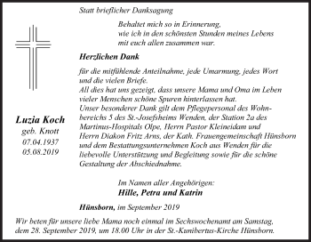 Traueranzeige von Luzia Koch von Siegener Zeitung