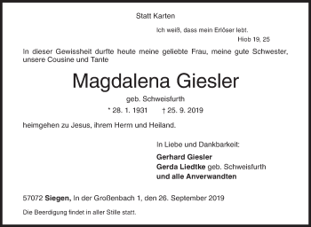 Traueranzeige von Magdalena Giesler von Siegener Zeitung
