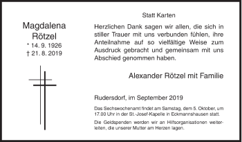 Traueranzeige von Magdalena Rötzel von Siegener Zeitung