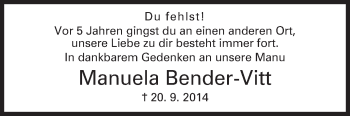 Traueranzeige von Manuela Bender-Vitt von Siegener Zeitung