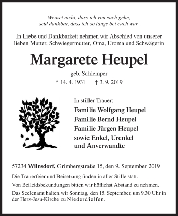 Traueranzeige von Margarete Heupel von Siegener Zeitung