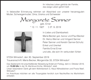 Traueranzeige von Margarete Sanner von Siegener Zeitung