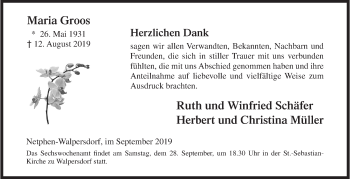 Traueranzeige von Maria Groos von Siegener Zeitung