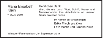 Traueranzeige von Maria Elisabeth Klein von Siegener Zeitung