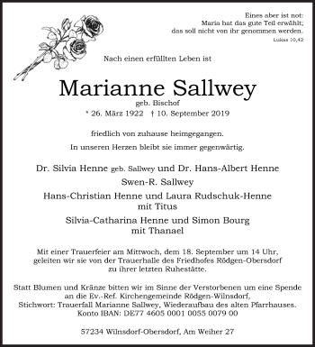 Traueranzeige von Marianne Sallwey von Siegener Zeitung