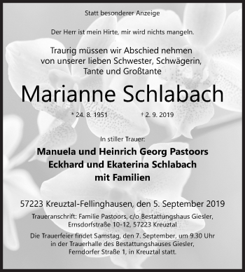 Traueranzeige von Marianne Schlabach von Siegener Zeitung