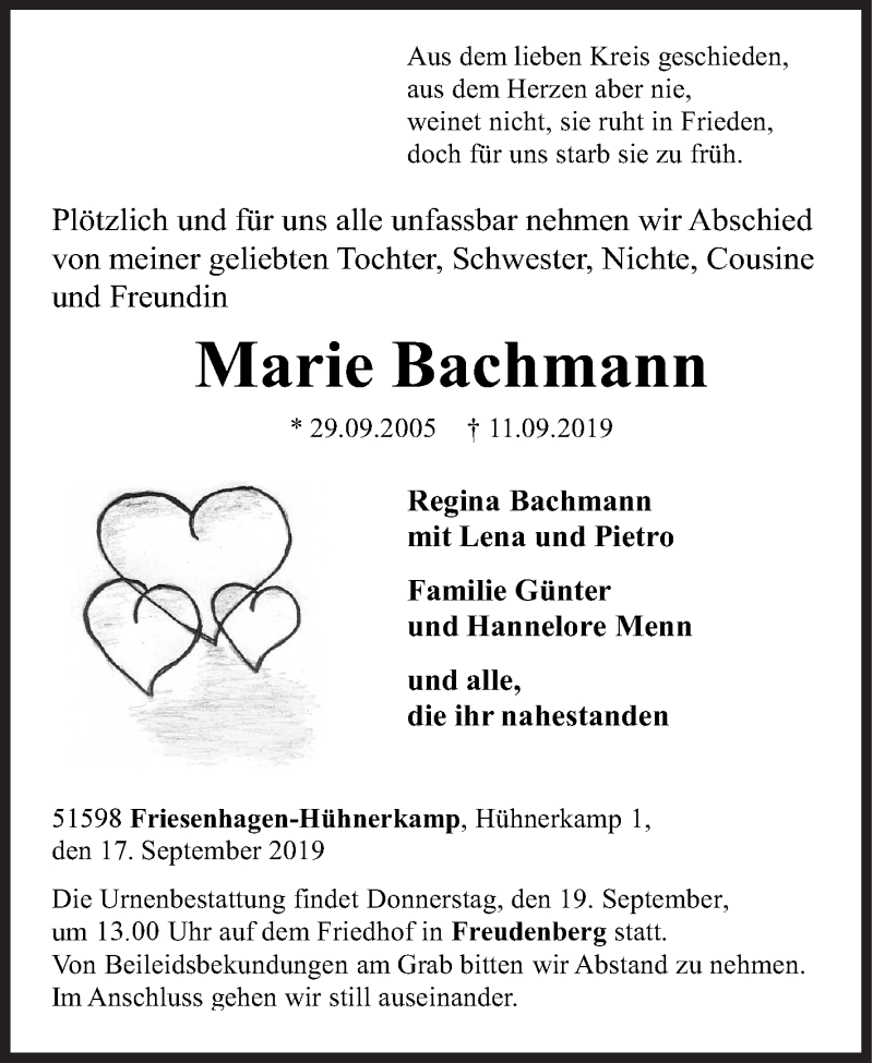  Traueranzeige für Marie Bachmann vom 17.09.2019 aus Siegener Zeitung