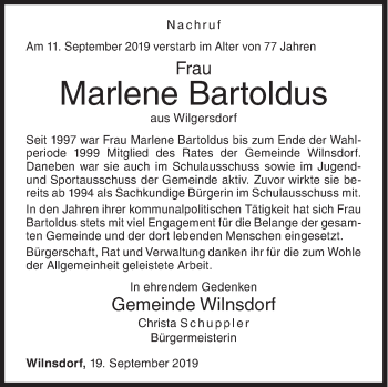 Traueranzeige von Marlene Bartoldus von Siegener Zeitung