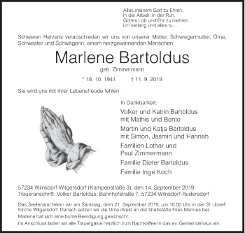 Traueranzeige von Marlene Bartoldus von Siegener Zeitung