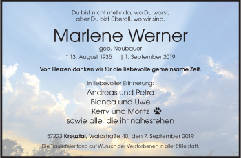 Traueranzeige von Marlene Werner von Siegener Zeitung