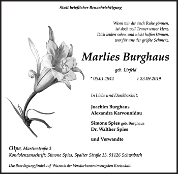 Traueranzeige von Marlies Burghaus von Siegener Zeitung