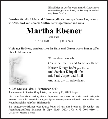 Traueranzeige von Martha Ebener von Siegener Zeitung