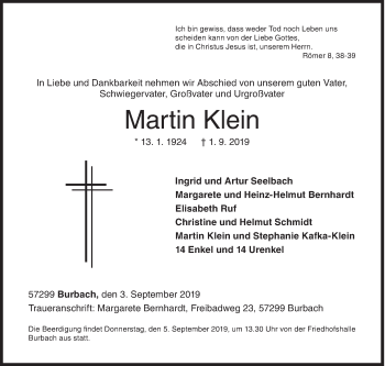 Traueranzeige von Martin Klein von Siegener Zeitung