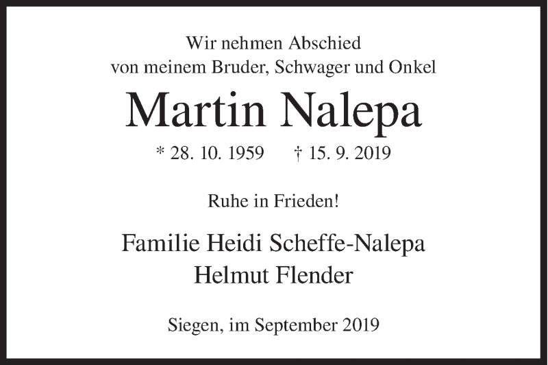 Traueranzeige für Martin Nalepa vom 28.09.2019 aus Siegener Zeitung