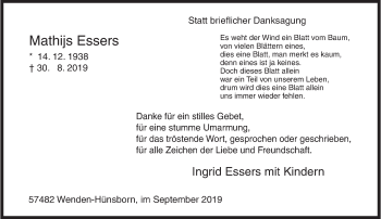 Traueranzeige von Mathijs Essers von Siegener Zeitung