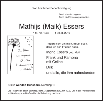 Traueranzeige von Mathijs Essers von Siegener Zeitung