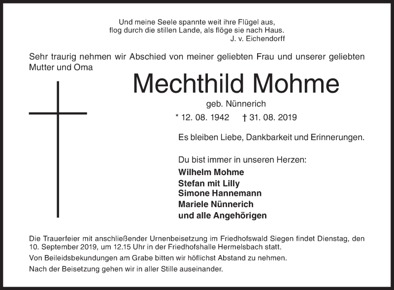  Traueranzeige für Mechthild Mohme vom 03.09.2019 aus Siegener Zeitung