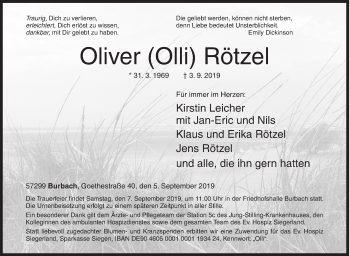 Traueranzeige von Oliver Rötzel von Siegener Zeitung