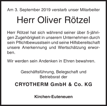 Traueranzeige von Oliver Rötzel von Siegener Zeitung