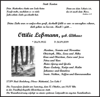 Traueranzeige von Ottilie Leßmann von Siegener Zeitung
