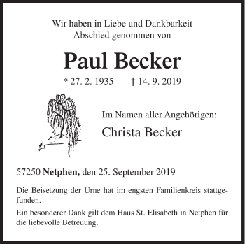 Traueranzeige von Paul Becker von Siegener Zeitung