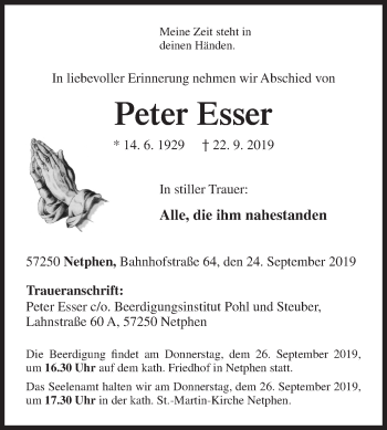 Traueranzeige von Peter Esser von Siegener Zeitung