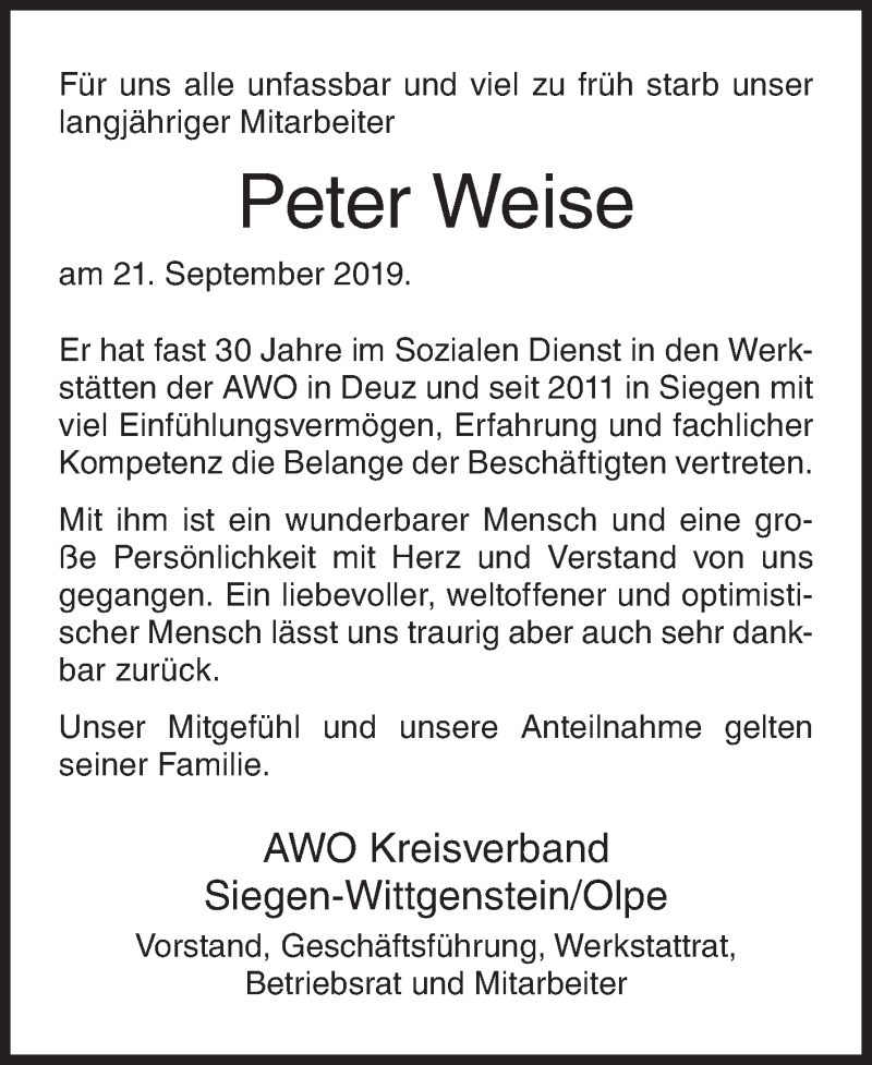  Traueranzeige für Peter Weise vom 26.09.2019 aus Siegener Zeitung