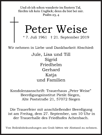 Traueranzeige von Peter Weise von Siegener Zeitung
