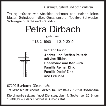 Traueranzeige von Petra Dirbach von Siegener Zeitung