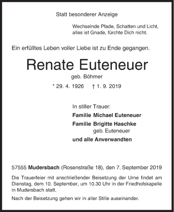 Traueranzeige von Renate Euteneuer von Siegener Zeitung