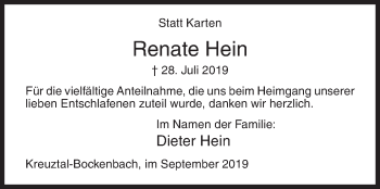 Traueranzeige von Renate Hein von Siegener Zeitung