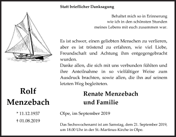 Traueranzeige von Rolf Menzebach von Siegener Zeitung