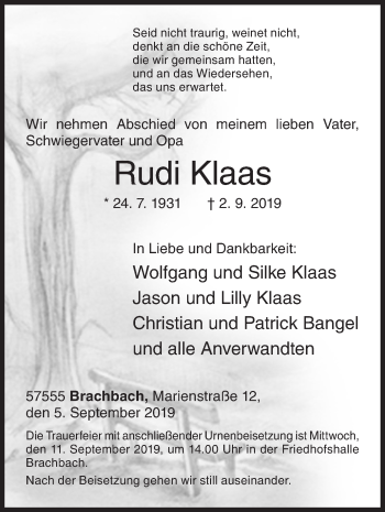 Traueranzeige von Rudi Klaas von Siegener Zeitung