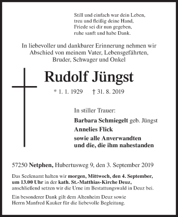 Traueranzeige von Rudolf Jüngst von Siegener Zeitung